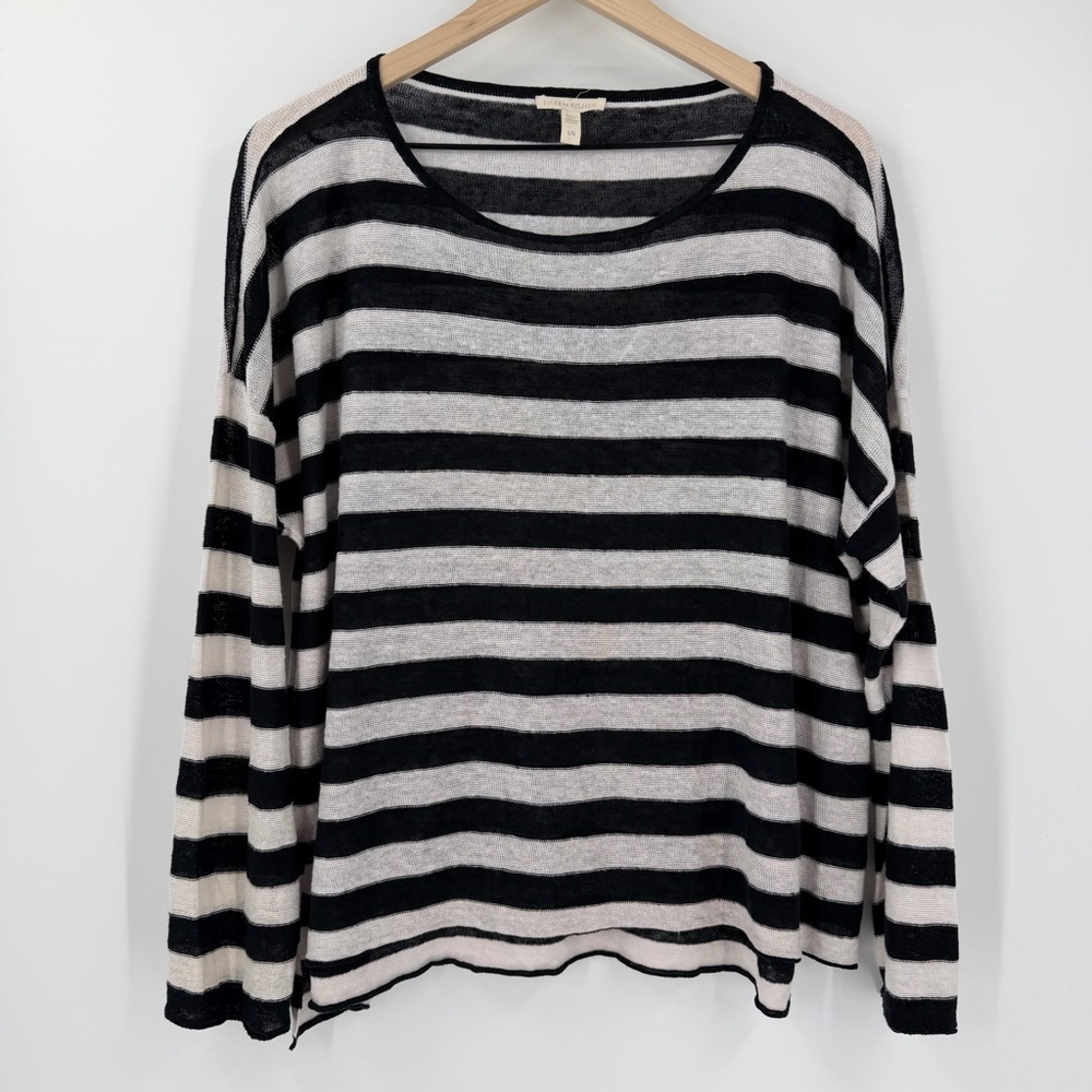 Eileen Fisher Organic Linen Striped Oversized Lightweight Sweater L Oversized